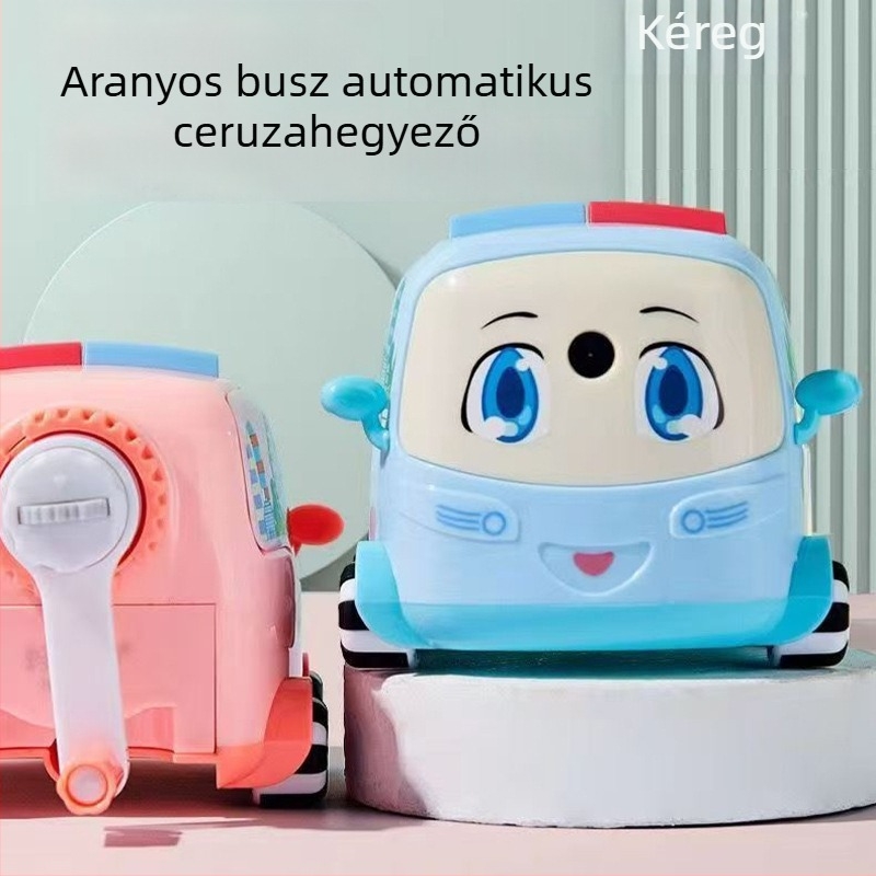 Ceruzahegyező – Rajzfilmbusz dizájn, kézi hajtású, grafit vastagsága állítható, modell 1502, műanyag