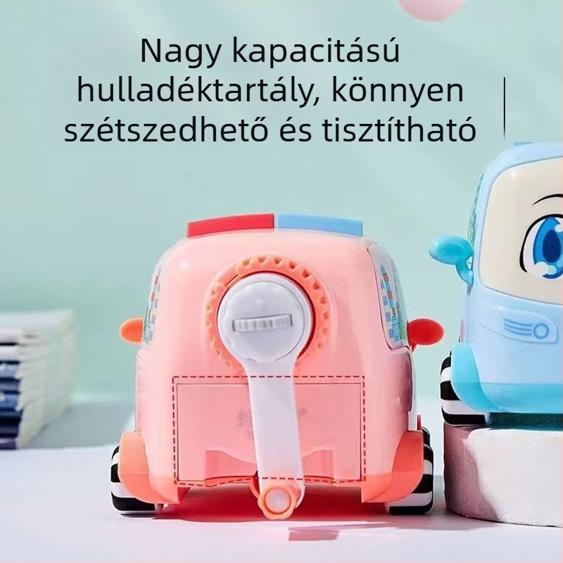 Ceruzahegyező – Rajzfilmbusz dizájn, kézi hajtású, grafit vastagsága állítható, modell 1502, műanyag