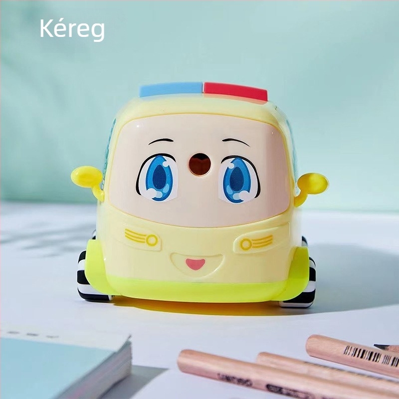 Ceruzahegyező – Rajzfilmbusz dizájn, kézi hajtású, grafit vastagsága állítható, modell 1502, műanyag