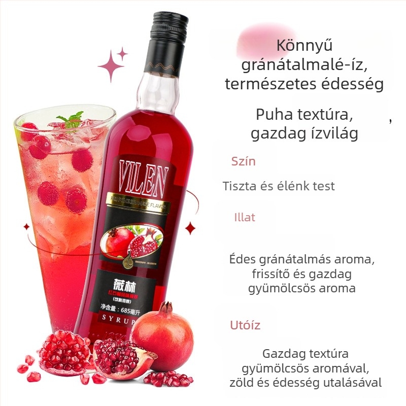 Likőr gránátalmás ízű, alacsony alkoholtartalom, zárt csomagolás, tárolás szobahőmérsékleten