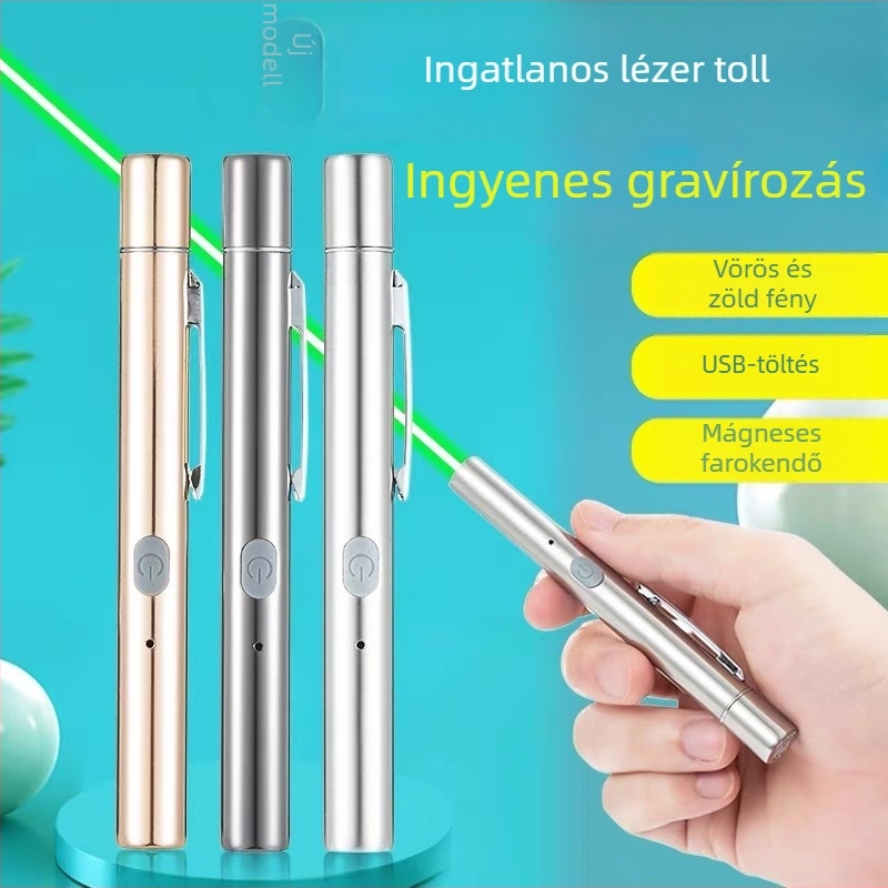 Fémes lézerpointer USB töltéssel, logónyomtatás, testreszabás és magáncímkés licenc; alkalmas homokasztalos bemutatókhoz, konferenciákhoz, túrákhoz és kiállítóterekhez