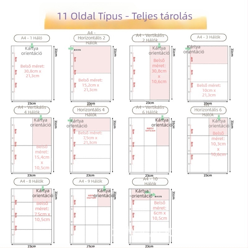 Fénykép albummal belső oldalak átlátszó PP zsebbel, cserélhető, kompatibilis 4- és 6 lyukhoz, 10 vagy 25 oldal