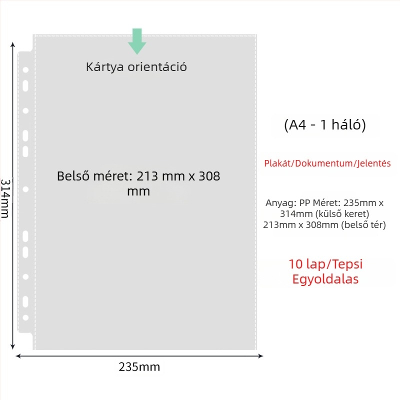 Fénykép albummal belső oldalak átlátszó PP zsebbel, cserélhető, kompatibilis 4- és 6 lyukhoz, 10 vagy 25 oldal
