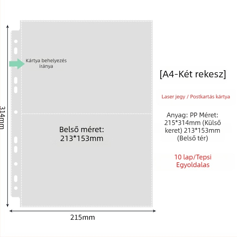 Fénykép albummal belső oldalak átlátszó PP zsebbel, cserélhető, kompatibilis 4- és 6 lyukhoz, 10 vagy 25 oldal