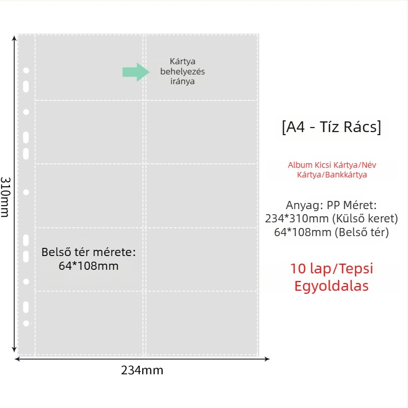 Fénykép albummal belső oldalak átlátszó PP zsebbel, cserélhető, kompatibilis 4- és 6 lyukhoz, 10 vagy 25 oldal