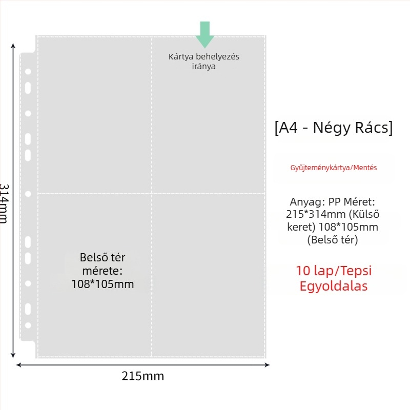 Fénykép albummal belső oldalak átlátszó PP zsebbel, cserélhető, kompatibilis 4- és 6 lyukhoz, 10 vagy 25 oldal