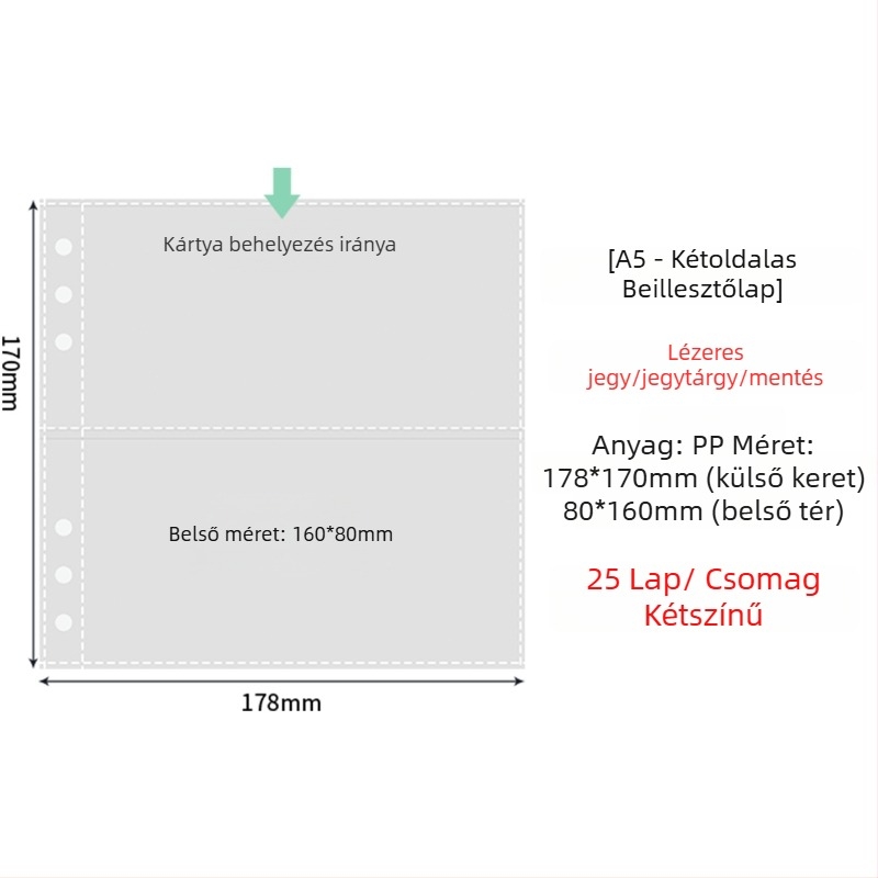 Fénykép albummal belső oldalak átlátszó PP zsebbel, cserélhető, kompatibilis 4- és 6 lyukhoz, 10 vagy 25 oldal