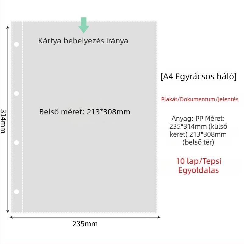 Fénykép albummal belső oldalak átlátszó PP zsebbel, cserélhető, kompatibilis 4- és 6 lyukhoz, 10 vagy 25 oldal