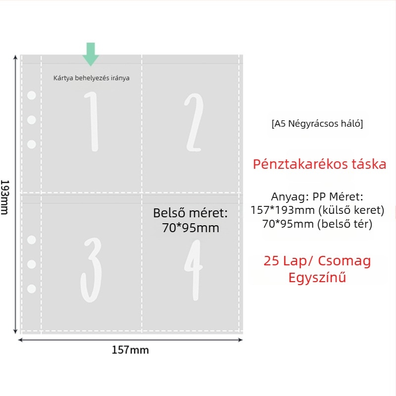 Fénykép albummal belső oldalak átlátszó PP zsebbel, cserélhető, kompatibilis 4- és 6 lyukhoz, 10 vagy 25 oldal