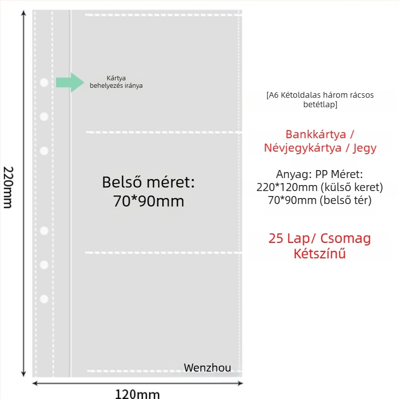 Fénykép albummal belső oldalak átlátszó PP zsebbel, cserélhető, kompatibilis 4- és 6 lyukhoz, 10 vagy 25 oldal