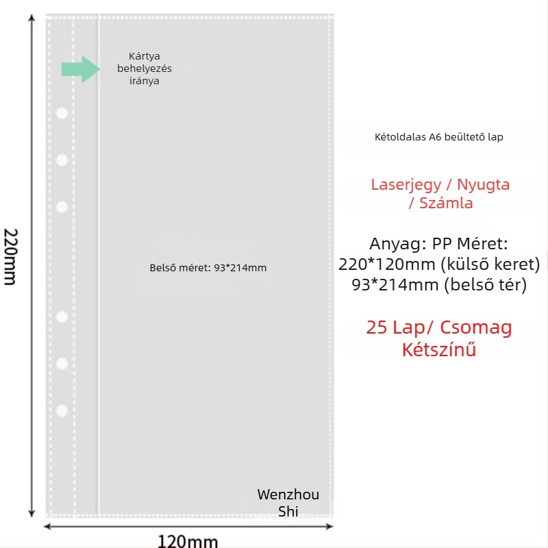 Fénykép albummal belső oldalak átlátszó PP zsebbel, cserélhető, kompatibilis 4- és 6 lyukhoz, 10 vagy 25 oldal