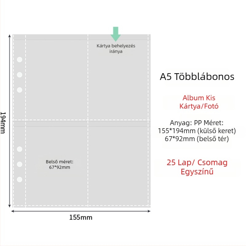 Fénykép albummal belső oldalak átlátszó PP zsebbel, cserélhető, kompatibilis 4- és 6 lyukhoz, 10 vagy 25 oldal