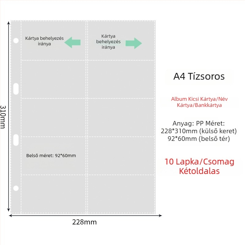 Fénykép albummal belső oldalak átlátszó PP zsebbel, cserélhető, kompatibilis 4- és 6 lyukhoz, 10 vagy 25 oldal