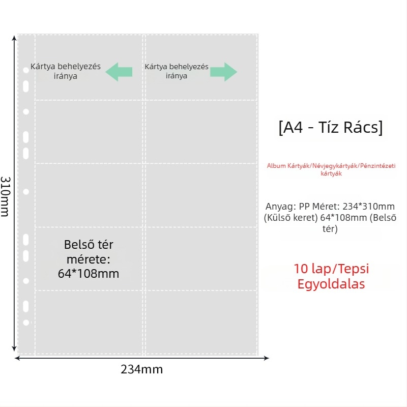 Fénykép albummal belső oldalak átlátszó PP zsebbel, cserélhető, kompatibilis 4- és 6 lyukhoz, 10 vagy 25 oldal