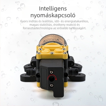 YL-4035 diafragma-szivattyú intelligens nyomáskapcsolóval növényvédelmi célokra, 12V magasnyomású permetező pumpa burkolat nélkül, 3200 rpm, méretek 152×55×51 mm, tömeg 0,59 kg