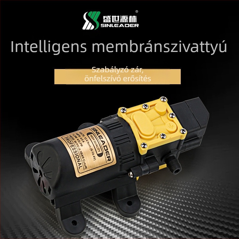 YL-4035 diafragma-szivattyú intelligens nyomáskapcsolóval növényvédelmi célokra, 12V magasnyomású permetező pumpa burkolat nélkül, 3200 rpm, méretek 152×55×51 mm, tömeg 0,59 kg