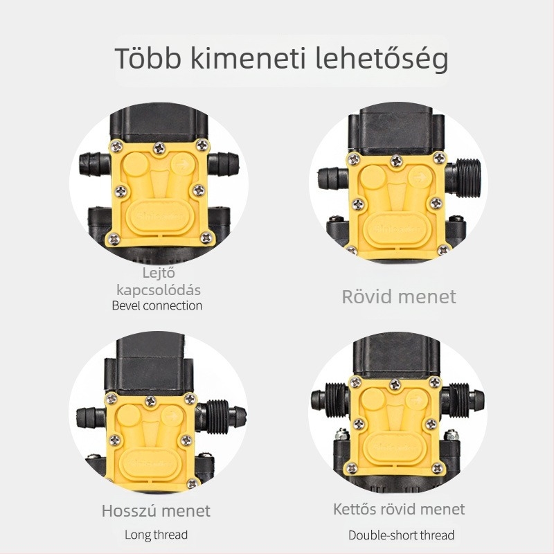 YL-4035 diafragma-szivattyú intelligens nyomáskapcsolóval növényvédelmi célokra, 12V magasnyomású permetező pumpa burkolat nélkül, 3200 rpm, méretek 152×55×51 mm, tömeg 0,59 kg
