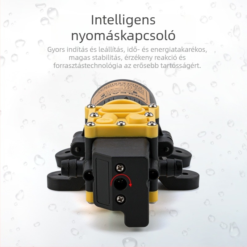 YL-4035 diafragma-szivattyú intelligens nyomáskapcsolóval növényvédelmi célokra, 12V magasnyomású permetező pumpa burkolat nélkül, 3200 rpm, méretek 152×55×51 mm, tömeg 0,59 kg