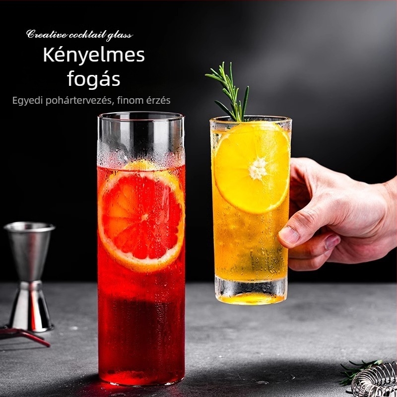 Borospohár - kézzel fújt üveg, modern, minimalistikus stílus, fogantyú nélkül, egyrétegű felépítés, hőálló, logóval ellátott