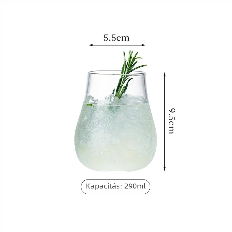 Borospohár - kézzel fújt üveg, modern, minimalistikus stílus, fogantyú nélkül, egyrétegű felépítés, hőálló, logóval ellátott