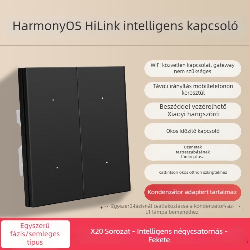 HiLink intelligens kapcsolópanel, négycsatornás, PC magas hőmérsékletű és égésgátló panel, vezeték nélküli távirányító és otthoni hangvezérlés