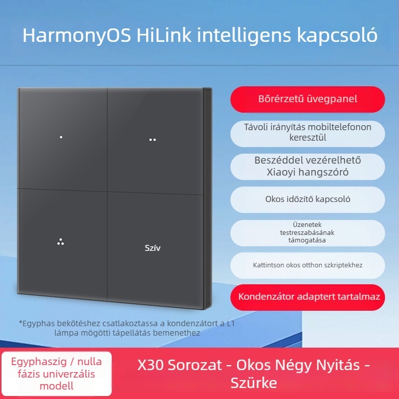 HiLink intelligens kapcsolópanel, négycsatornás, PC magas hőmérsékletű és égésgátló panel, vezeték nélküli távirányító és otthoni hangvezérlés