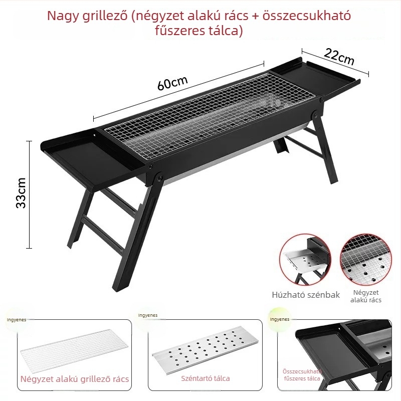 Négyzet alakú rozsdamentes acél szén grill, hordozható és összecsukható, könnyen tisztítható, hideg-hengerelt konstrukció