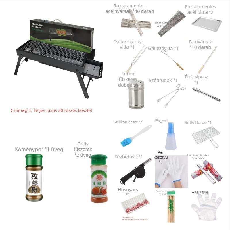 Négyzet alakú rozsdamentes acél szén grill, hordozható és összecsukható, könnyen tisztítható, hideg-hengerelt konstrukció