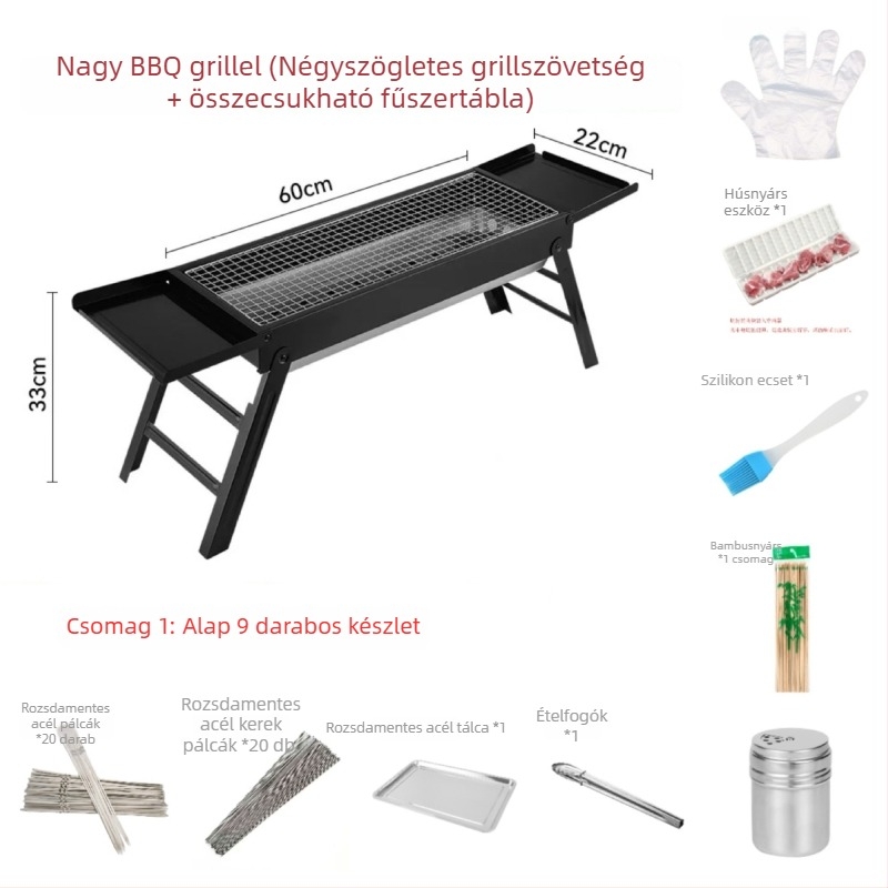 Négyzet alakú rozsdamentes acél szén grill, hordozható és összecsukható, könnyen tisztítható, hideg-hengerelt konstrukció