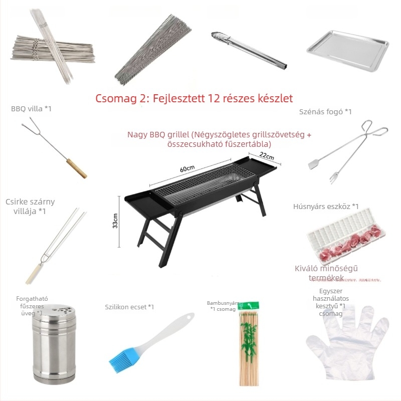 Négyzet alakú rozsdamentes acél szén grill, hordozható és összecsukható, könnyen tisztítható, hideg-hengerelt konstrukció