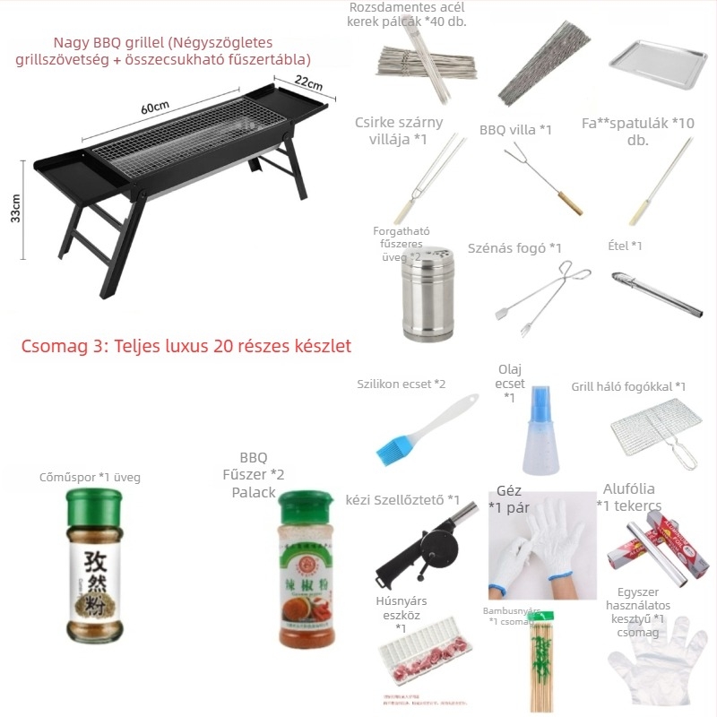 Négyzet alakú rozsdamentes acél szén grill, hordozható és összecsukható, könnyen tisztítható, hideg-hengerelt konstrukció