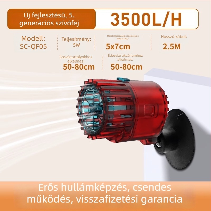 Akváriumhoz hullámképző pumpa – csendes működés, vákuumos rögzítés, anti-reverse áramlás