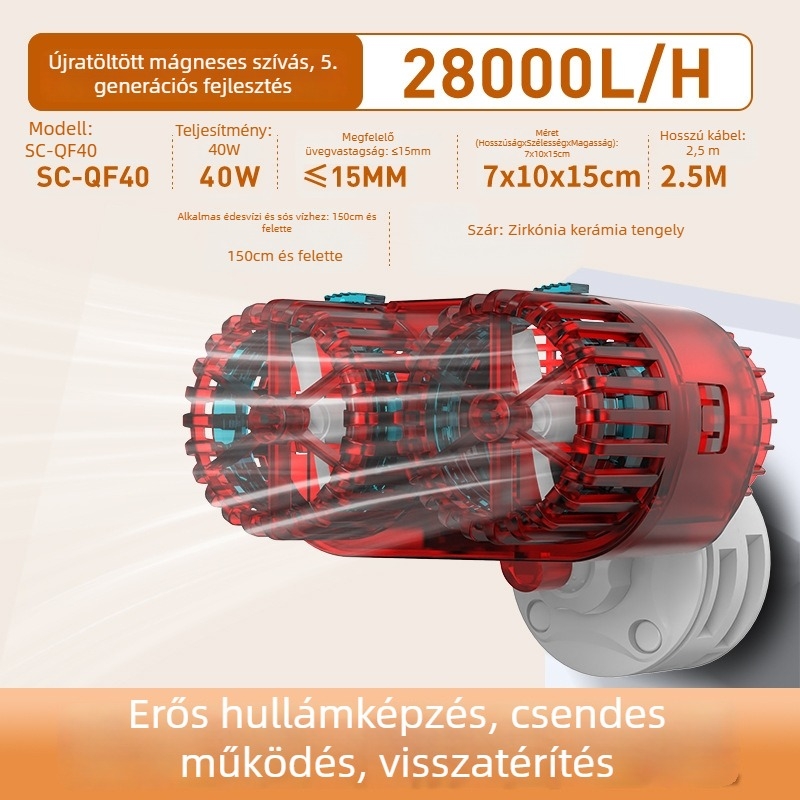 Akváriumhoz hullámképző pumpa – csendes működés, vákuumos rögzítés, anti-reverse áramlás