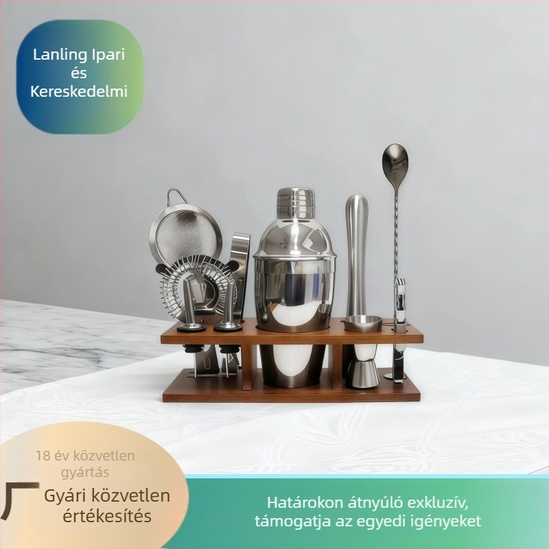 Koktél shaker készlet – LanLing, rozsdamentes acél, modern egyszerű stílus, 9 db/csomag, 11 alkatrész
