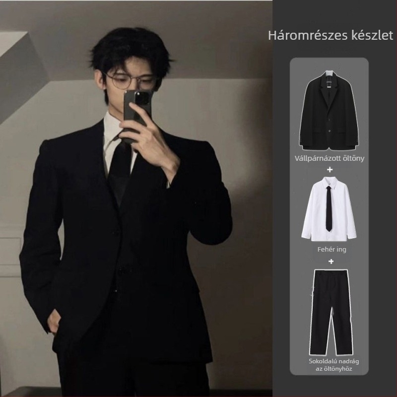 Vállpárnás férfi öltöny, kétgombos egyhajtós zakó, koreai stílus, 2023 tavasz, poliészter-keverék anyag