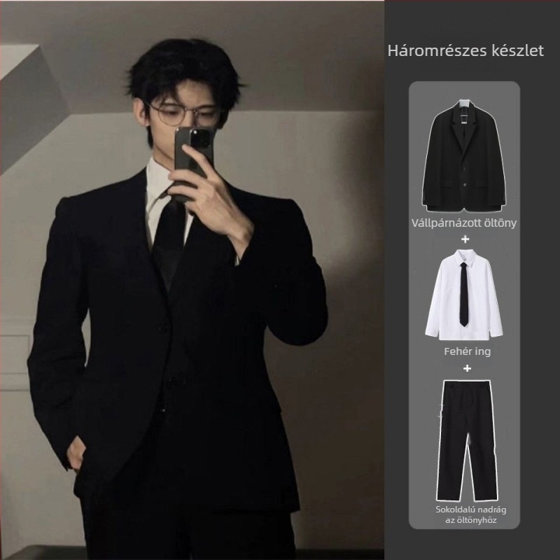 Vállpárnás férfi öltöny, kétgombos egyhajtós zakó, koreai stílus, 2023 tavasz, poliészter-keverék anyag
