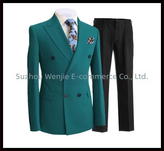 Férfi slim fit öltöny, kétsoros, kétgombos, csúcsos gallér, serge szövet (70% poliészter), esküvőre