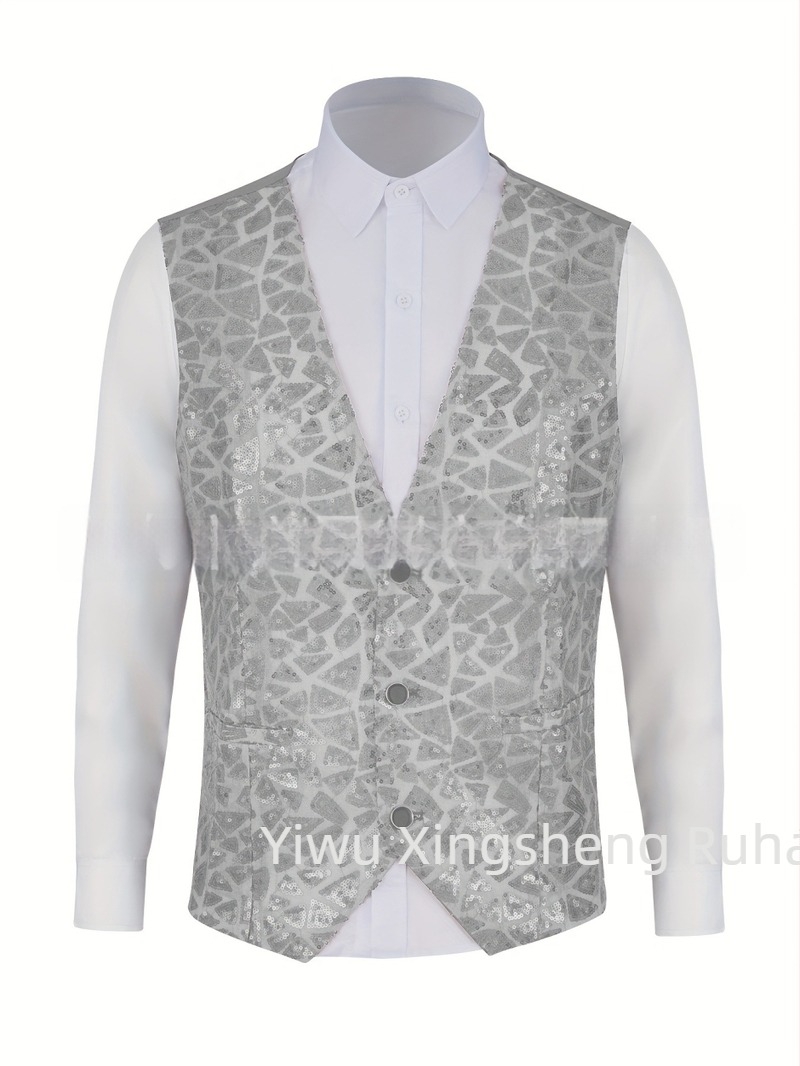 Férfi sequin öltönyv-vest, V-kivágás, egyréses gombolás, poliészter, négy évszak, retró casual