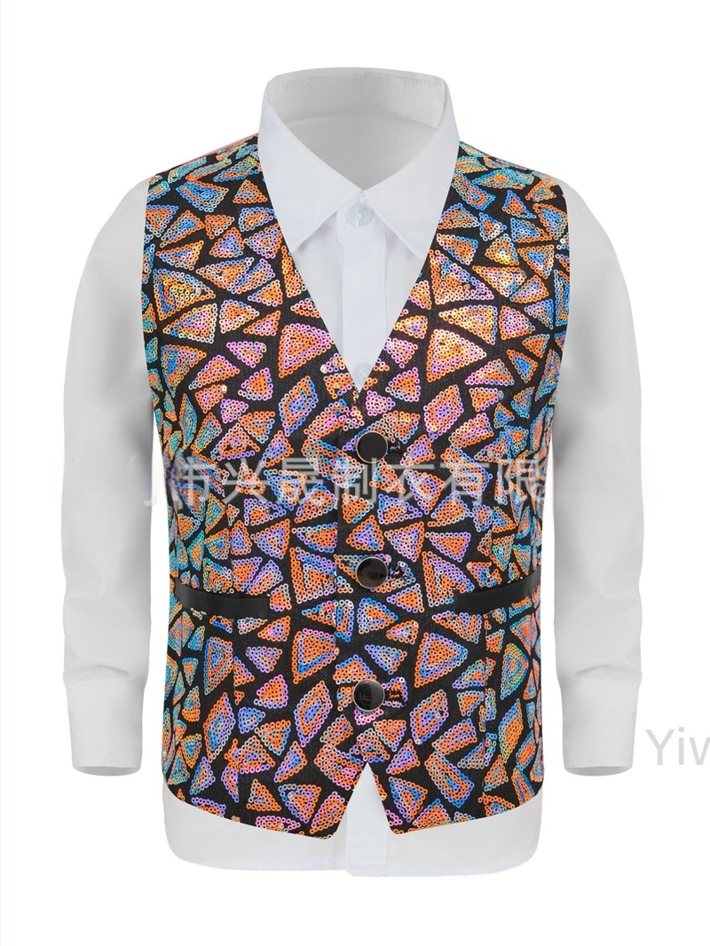 Férfi sequin öltönyv-vest, V-kivágás, egyréses gombolás, poliészter, négy évszak, retró casual