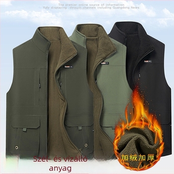 Férfi téli munkás mellény fleece-béléssel, több zsebbel, kültéri horgászathoz