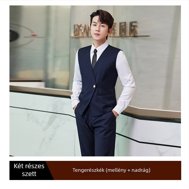 Slim-fit mellény V-nyakú kivágással, egy sor gombbal, viszkóz-poliészter keverék, munka céljára, mind a négy évszakban