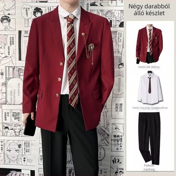 DK stílusú egyenruhás kosztüm diákoknak — elülső háromgombos placket; poliészter anyag; kémiai rostok keveréke; testhezálló szabás; tavasz 2025