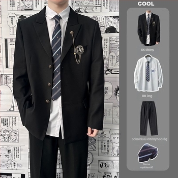 DK stílusú egyenruhás kosztüm diákoknak — elülső háromgombos placket; poliészter anyag; kémiai rostok keveréke; testhezálló szabás; tavasz 2025