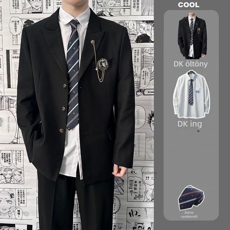 DK stílusú egyenruhás kosztüm diákoknak — elülső háromgombos placket; poliészter anyag; kémiai rostok keveréke; testhezálló szabás; tavasz 2025