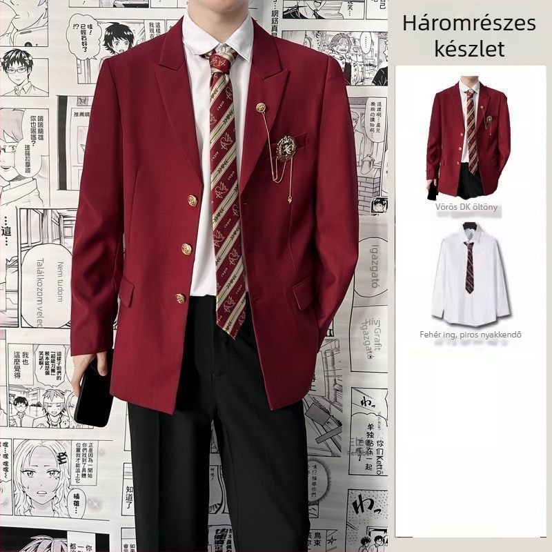 DK stílusú egyenruhás kosztüm diákoknak — elülső háromgombos placket; poliészter anyag; kémiai rostok keveréke; testhezálló szabás; tavasz 2025