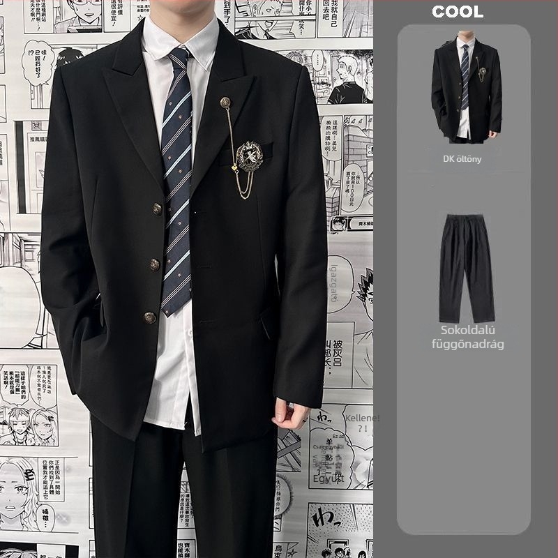 DK stílusú egyenruhás kosztüm diákoknak — elülső háromgombos placket; poliészter anyag; kémiai rostok keveréke; testhezálló szabás; tavasz 2025