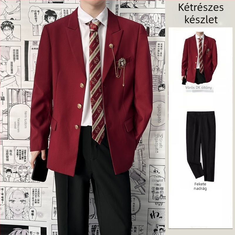 DK stílusú egyenruhás kosztüm diákoknak — elülső háromgombos placket; poliészter anyag; kémiai rostok keveréke; testhezálló szabás; tavasz 2025