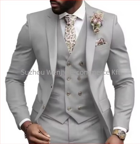 Férfi 3 részes öltöny szett, Notched Lapel, egyrészes, kétgombos záródás, Serge szövet (70% poliészter), testhezálló fazon