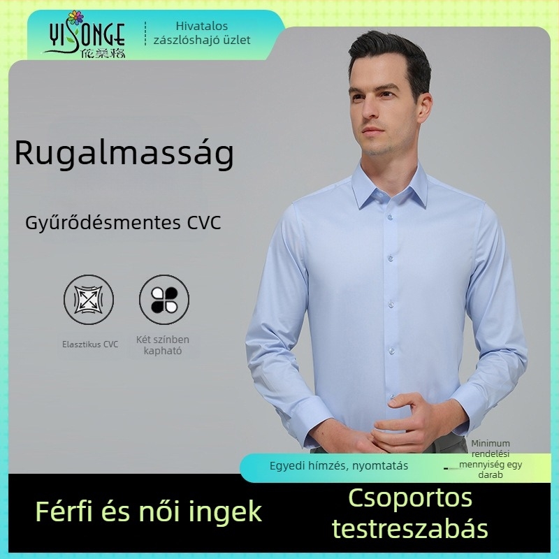 Fehér férfi ing, hosszú ujjú, CVC, elasztikus, vasalásmentes, üzleti ruházat, diszkrét luxus megjelenés