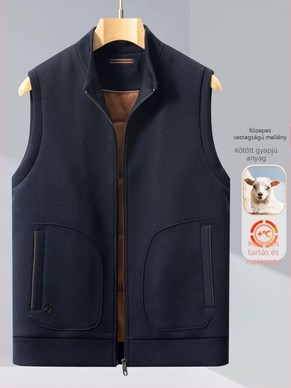 Férfi vastag kötött gyapjú-akril mellény álló gallérral, cipzárral, karcsú szabású